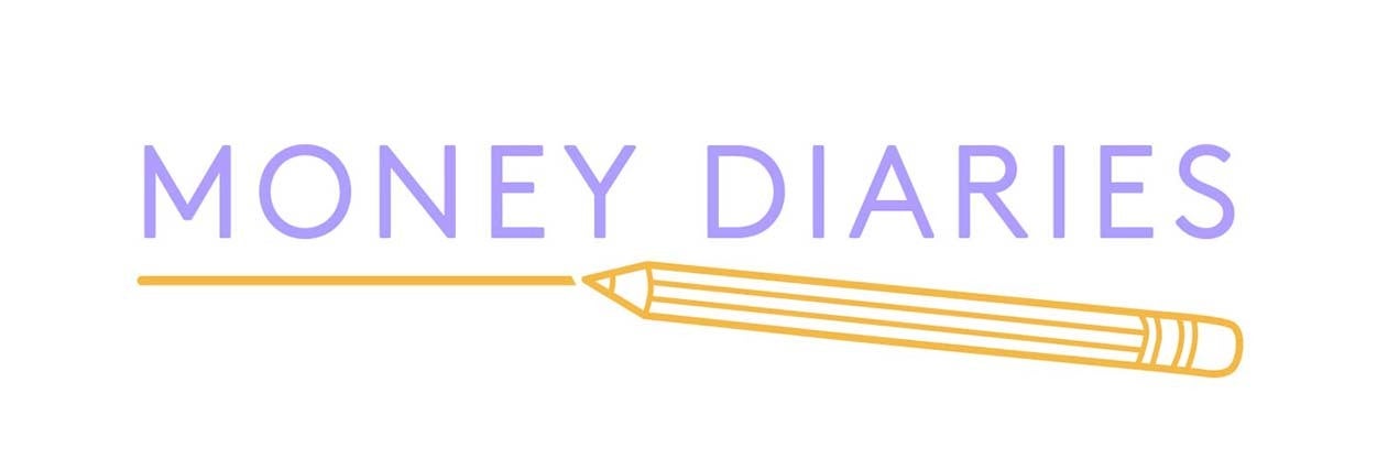 Money Diaries logo featuring purple text with yellow underline and yellow pencil graphic