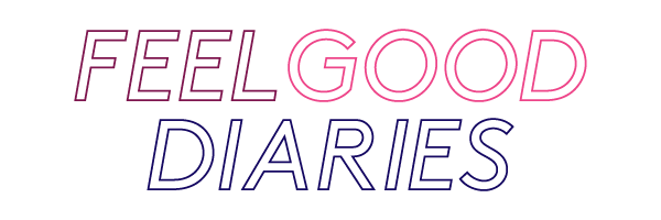 Feel Good Diaries logo in purple and pink letters.