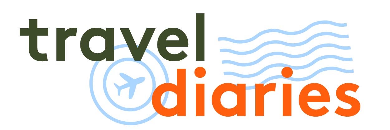 Travel Diaries logo in green and orange font with an airplane design.