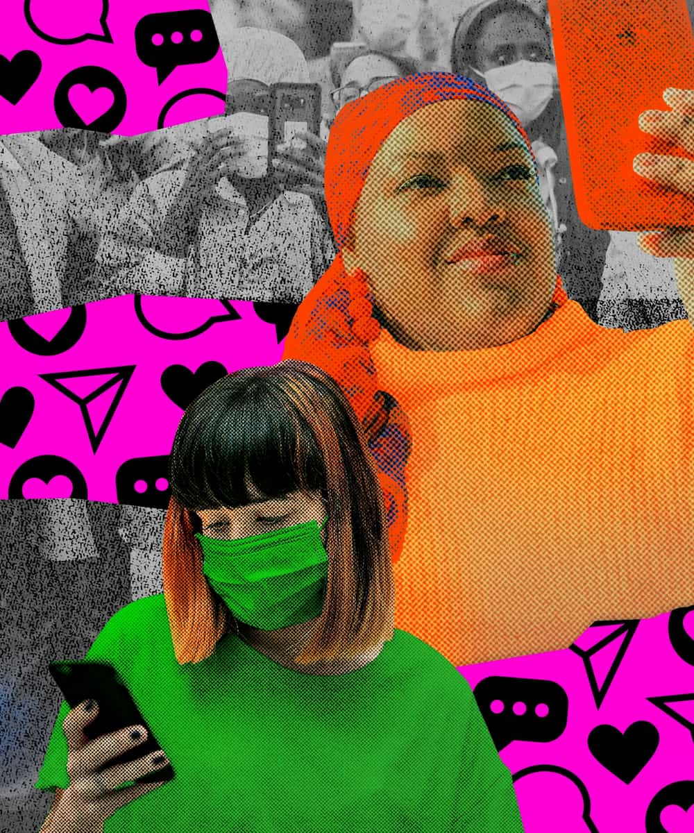 A woman wearing a headscarf and a woman wearing a mask look at their phones in an abstract collage